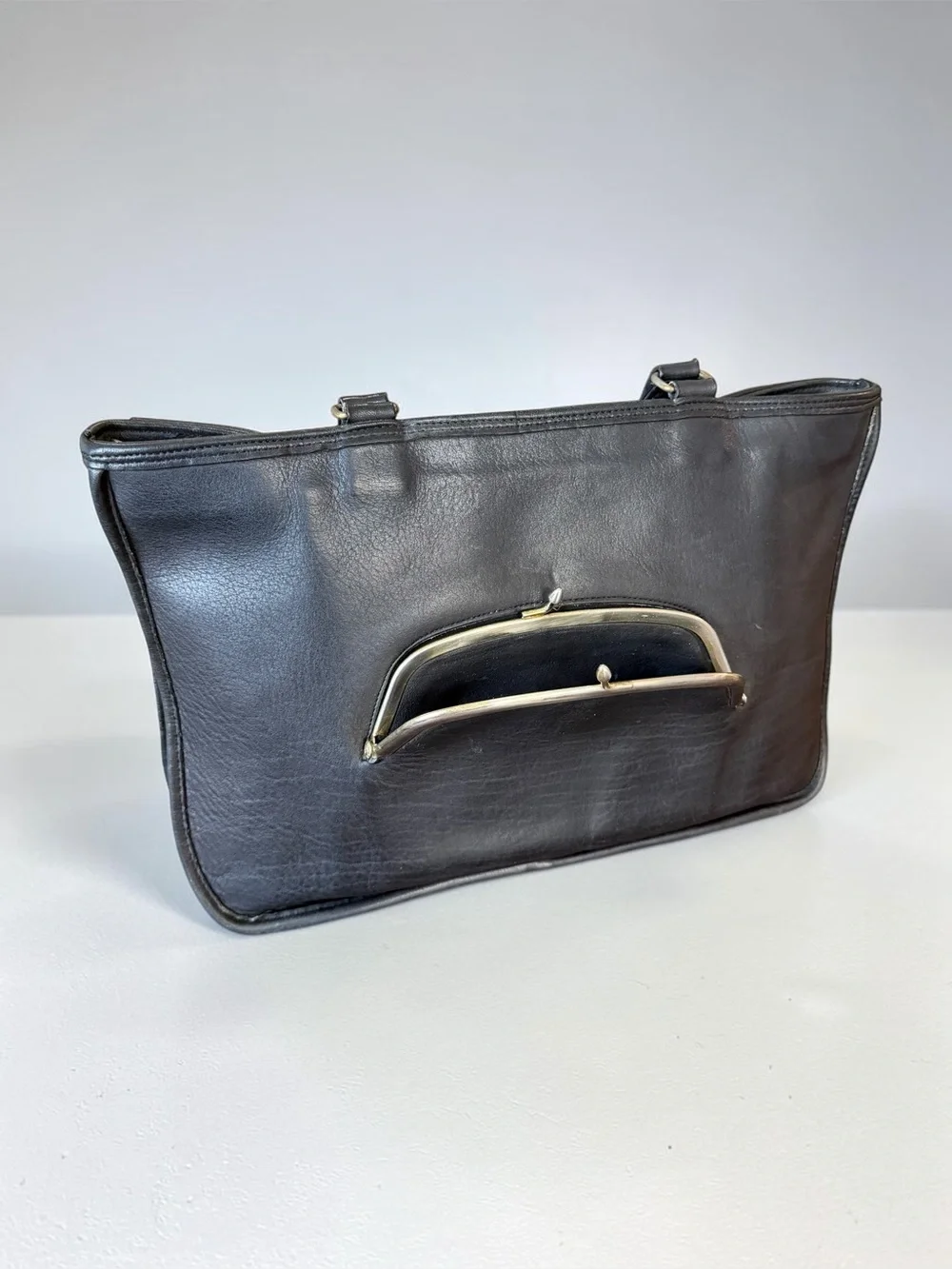Vintage Coach Watermelon Kisslock Bag Black Leather Pre-Creed 70s Bonnie Cashin